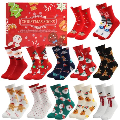 Calzini Natalizi Calendario dell'Avvento 2025, 12 Paia di Natalizi Unisex, Divertenti Calzini per Conto alla Rovescia, Set Regalo di Natale per Adulti (Rosso)