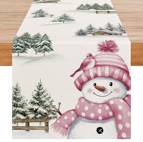 Avalune Tischläufer Weihnachten Rosa Schneemann Weihnachts Tischdeko Grün Weihnachtsbaum Weihnachtstischläufer Modern Winter Läufer Tisch Christmas Decorations Table Runner für Party Deko 40 x 140 cm