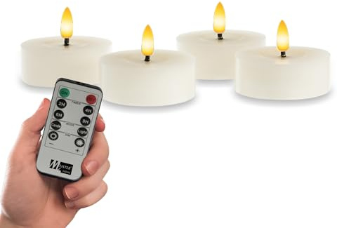 Meisterhome® LED-Teelichter 4er-Set Kerzen Elfenbein – flammenlos mit flackerndem Licht – Ø 7 cm, Höhe 3 cm – aus echtem Wachs – mit Timer & Fernbedienung – batteriebetrieben – warmweißes Licht