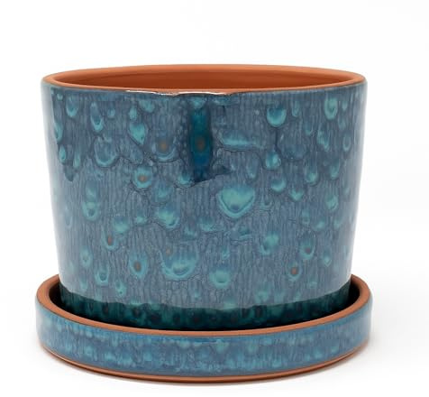 Generisch Vaso da fiori in ceramica Ocean Flame con sottovaso, realizzato a mano, in terracotta e smalto, per piante da appartamento e balcone, Ø [14,5] cm