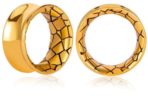 Vankula Ohr Tunnel 1 Paar Double Flared Flesh Plugs Schlangenledermuster Edelstahl Ohrpiercing ohrloch dehner Schmuck für männer damen 8mm(0G) Gold