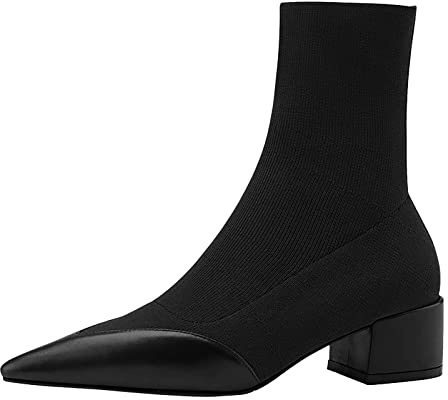 Botas De Mujer Con Pantorrilla Ancha,Botines Cortos Mujer Con Tacón,Calcetines Elásticos De Encaje Sólido Botas Pies De Talón Gruesos Tacón Bloque Transpirable Zapatos De Mujer, Negro , 39 EU