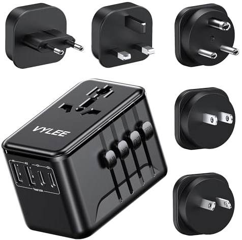 VYLEE Reiseadapter Weltweit, Universal Reisestecker, Steckdosenadapter | Typ G/D/A/I/C, Universal Reisestecker mit 2 USB A + 2 USB C,Universaladapter für USA UK Japan Malediven Sri Lanka,Schwarz