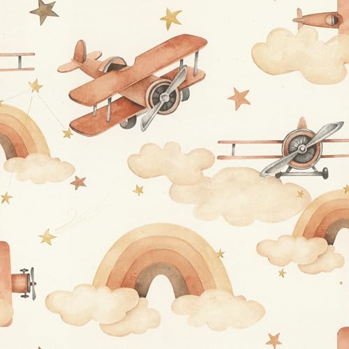 Rasch Tapete 301557 - Vliestapete mit Flugzeugen und Regenbogen in Beige, Kindertapete - Kollektion Kids World