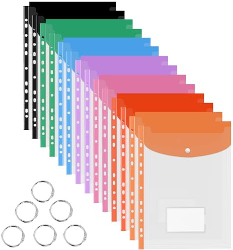 Plastic Wallets A4 Punched Pockets, Xndryan14 Pack Waterproof Folders for Document Plastic A4 Folder with Tab Card and 6 Binders for School, Office, Home, Travel