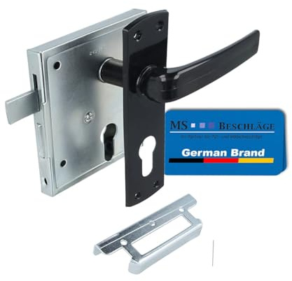 MS Beschläge Universal Kastenschloss verzinkt mit hebender Falle - 60mm Dornmaß, 55mm Entfernung, + Schließblech, schwarzem Drückerpaar & Kurzschild - Aufschraubschloss DIN li/re (Profilzylinder)