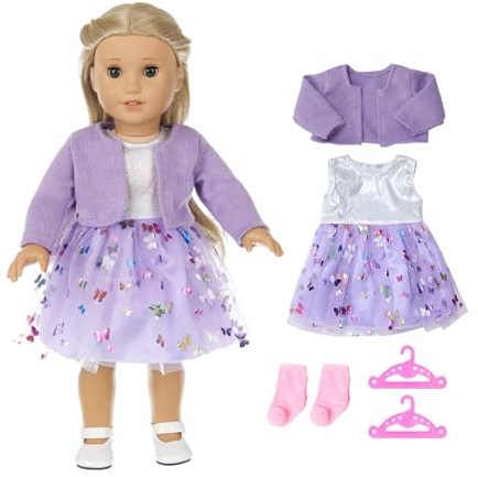 Abbigliamento per bambole 35 – 43 cm, abbigliamento per bambole per bambole. Include vestiti e giacca, 2 vestiti e un set di calzini per bambole da 14 – 18 pollici (viola)