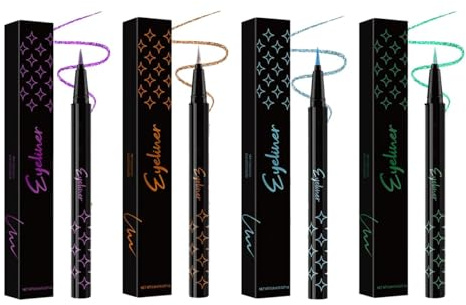 4 Stück Glitter Eyeliner Flüssig, Metallic Eyeliner Glitzer, Wasserfest und Schmutzabweisend Farbe der Hohen Linie Dauer: 24 Stunden für Gesicht Körper (Gold, Grün, Blau, Lila)