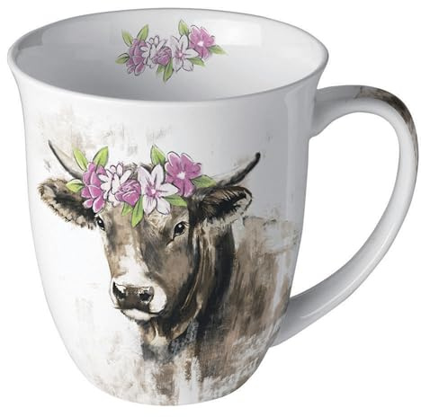 Tasse 10cm Porzellan Kuh mit Blumenkranz Motiv - 0,4L Keramiktasse - Kaffeetasse Teetasse Kakaotasse - Tassen & Becher Tiermotiv - Weiß Braun