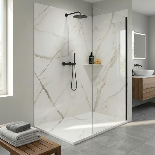 Imberdeck Panneau Mural de Douche Extra-Fin 6mm - Revêtement Flexible et Découpable - 100% Imperméable - Résine Sans Silice - Pose Sans Profilé - Multi-Texturés (Effet Marbre Blanc, 90x80)