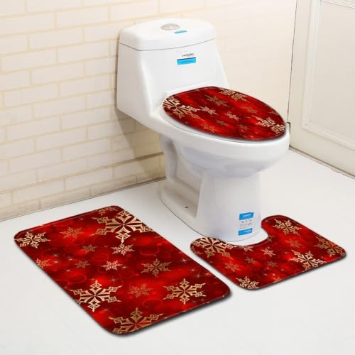 Badematten Set 3-teilig Goldene Schneeflocken an Weihnachten rutschfeste Badezimmerteppiche Rot, Badteppich Konturmatte WC-Deckelbezug Badgarnitur Set