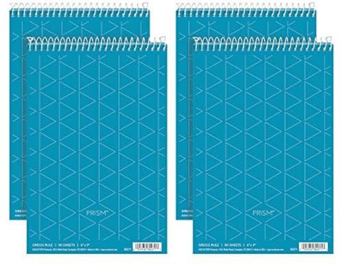Tops Prism Steno Pads, Gregg Ruled, 6 x 9 Shorthand Writing Pad, Blue Paper, Spiral Bound Notepad, Perforated Pages, 80 Sheets, 4 Pack (80284)