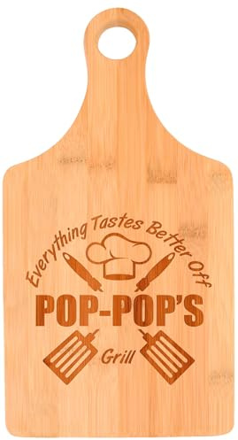 Father's Day Gifts for Grandpa Everything Tastes Better Off Pop-Pop's Grill Decorative Paddle Shaped Wood Serving Board