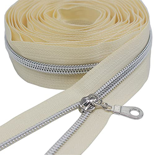 YaHoGa 9 m Silber endlos Reißverschluss Meterware 6mm-Spirale (Beige) | endlos Reißverschluss Meterware reissverschluss 6mm-Spirale + 25 Nonlock-Zipper