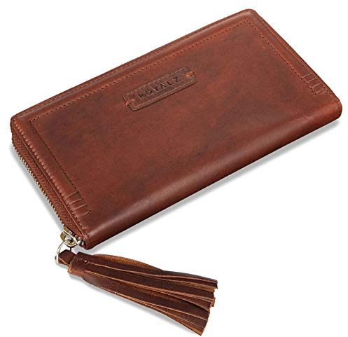 ROYALZ 'Iris' Vintage Geldbeutel Damen Groß Leder Portemonnaie 12 Kartenfächer RFID Blocker Echtleder XXL Brieftasche Portmonee lang flach Geldbörse viele Fächer, Farbe:Roma Cognac Braun