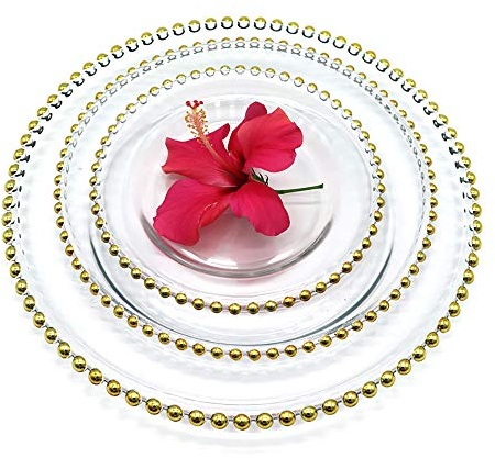 LJJ Bajoplatos Cristal Transparentes, Plato de Vidrio,Redondo, con Borde Decorado con Bolitas (32cm,27cm,21cm)