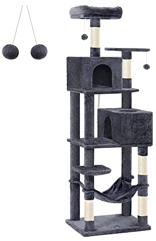 Feandrea Árbol para Gatos de 191 cm de Altura, Rascador para Gatos con 5 Postes, 2 Plataformas, 2 Cuevas, Hamaca, 2 Pompones, Felpa Multicapa, Gris Ahumado PCT191G01