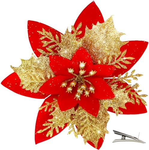 MIKAILE 20 Pièces Fleur de Noël pour Sapin avec Clip, Fleurs de Noel Artificielles Glitter, Fleur Poinsettia Noel de Scintillantes pour Guirlande, Couronne, Sapin Noël Décoration (Doré Rouge)