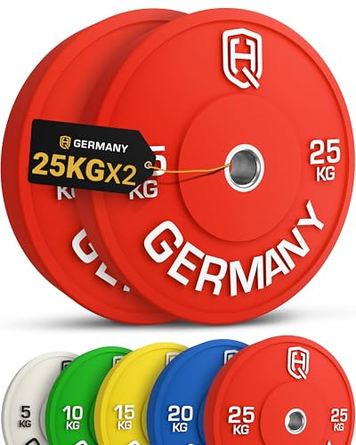 HQ Germany® Hantelscheiben 50mm [Set/Paar 5-25kg] - Premium Vollgummi Bumper Plates 25kg - Hantelscheiben Set 50mm, Gewichtsscheiben, Gewichte, Weight Plates nach IWF Standard
