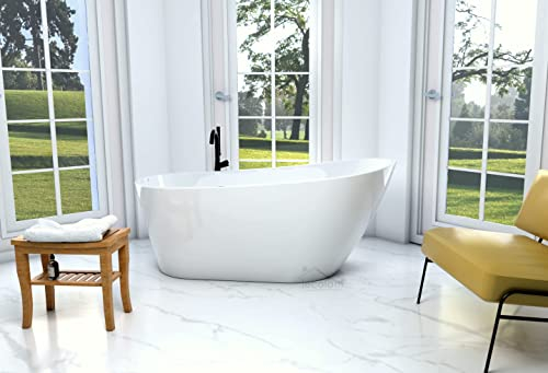 ECOLAM® exklusive freistehende Badewanne Standbadewanne moderne Wanne freistehend Elma 150x80 cm + Badbank Tisch Holz Lago + Ablaufgarnitur Click Clack Design Acryl glamour weiß