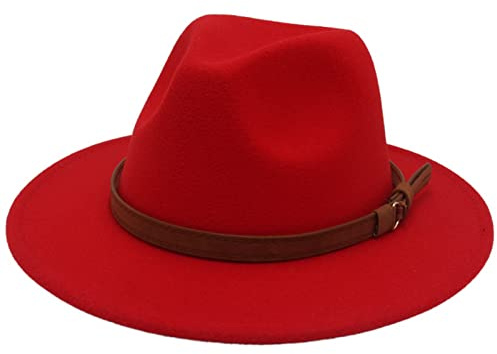 Faringoto Fedora Hut für Damen, Wollfilz, Vintage, Kirchen-Damenhut, Unisex, breite Krempe, rot, M