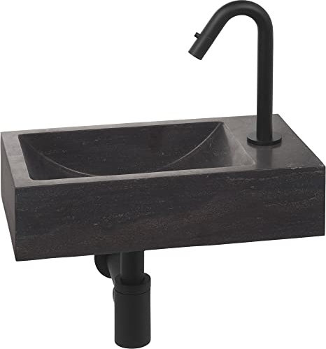 Saqu Nature Collection Waschtischset mit mattschwarzer Armatur Rechts aus Naturstein - Waschbecken für Unterschrank, Waschtisch für Gäste WC