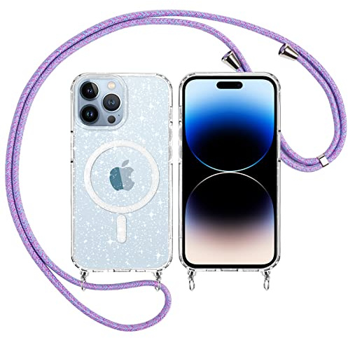 Yoedge Trasparente Glitter Cover Magnetica con Cordino per iPhone 14 Pro Max 6,7, Custodia Bling Brilla Tracolla Compatibile con MagSafe Magnetico Ricarica Wireless Case per iPhone14 Pro Max, Viola