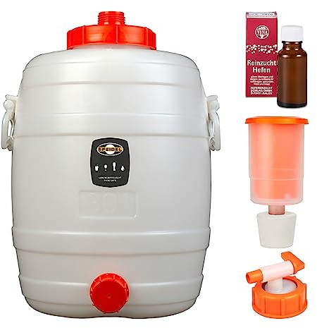 Mostfass 30 Liter Komplett Set inkl. Hahn, Gärspund und Hefe, Reinzuchthefe Steinberg, Gärfass (30 L rund) für Most, Wein, Cider, Fass Getränkefass lebensmittelecht, Kunststoff Gärbehälter
