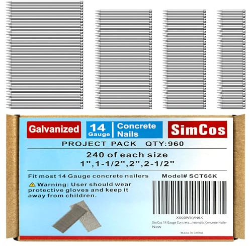 SimCos 14 Gauge Concrete T Nails (1,1-1/2,2,2-1/2 inch) 960 pcs 14 GA Concrete Nail Gun Nails Assorted and Galvanized Concrete Finish Nails for Pneumatic Concrete Nailer