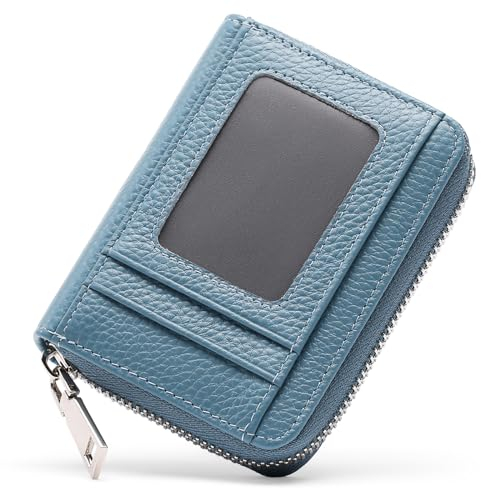 FALAN MULE Geldbörse Damen kleine Echtleder RFID-Schutz Kreditkartenetui, Mini Portemonnaie Damen mit Reißverschluss, klein Kurzer Geldbeutel für Frauen mit 14 Kartenfächer und Münzfach
