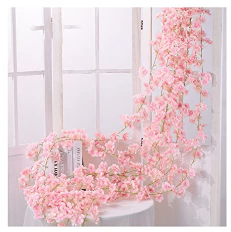 LKPOMI Künstliche Kirschblüten-Blumengirlande, 1,8 M, 135 Stück, Blumenkopf, Dekorative Kunstseide, Blumen-Hängeranke für Hochzeit, Party, Tisch, Garten, Bogen, Wand, Zuhause,(Fleischrosa)