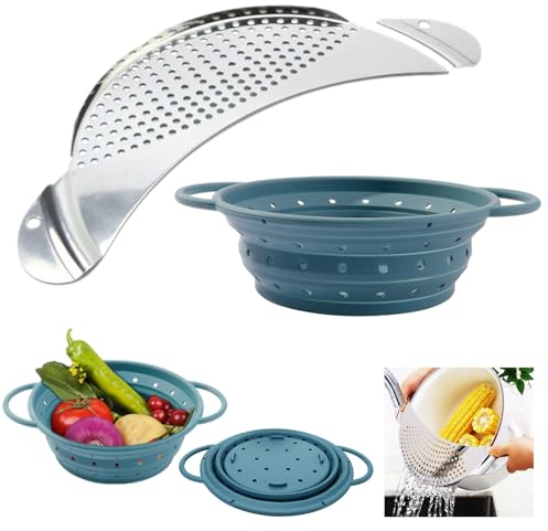 DALAETUS 2 Pezzi Acciaio Inox Scolapasta Set con Colino in Silicone,Forma di Mezzaluna Colino per Scolare Pasta, Verdure,Brodo,Riso,Frutta,Universale Scolapiatti per ciotole, padelle e pentole