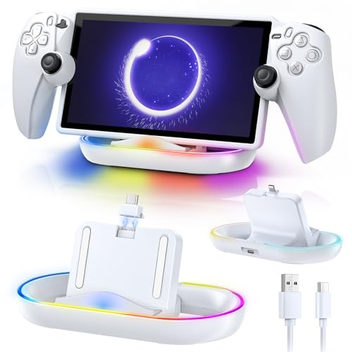 FYOUNG Station de Charge pour PlayStation Portal avec Lumières RVB, Station d'accueil Portable Recharge pour PS Portal Remote Player et Type C câble, Support de Chargement pour PS5 Portal, Blanc
