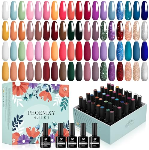 Phoenixy 42 PCS Smalto Semipermanente Unghie, 36 Smalti Semipermanenti per Unghie con Strato Lucido Opaco Argento Oro Brillante Sigillante, Smalto per Unghie in Gel Professionali Kit