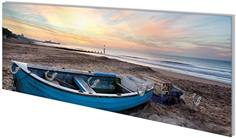 Wallario Wandgarderobe aus Glas in Größe 80 x 30 cm mit Memoboard-Funktion, Motiv: Fischerboot am Strand bei Sonnenuntergang | 5 Kleiderhaken zum Aufhängen von Jacken