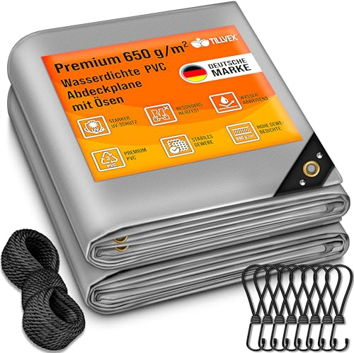 tillvex® Abdeckplane mit Ösen + 10x Spanngummi & 15m Seil | Gewebeplane 650g/m² Wasserdicht & Reißfest | Premium PVC-Plane Universell LKW, Pool, Holz Gartenmöbel | Gartenplane Abdeckung (Grau, 3x6 m)