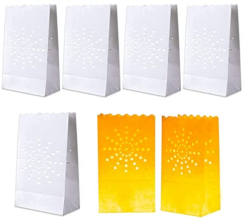 arlote 50 PCS White Luminary Bags, Flame Candle Bags, Sun Design Luminaries for Wedding, Halloween, Christmas