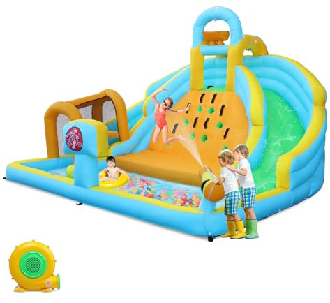 LEADZM Château Gonflable avec Souffleur, avec Double Toboggan, Grand Mur d'escalade, Aire de Saut, 395 x 350 x 260 cm
