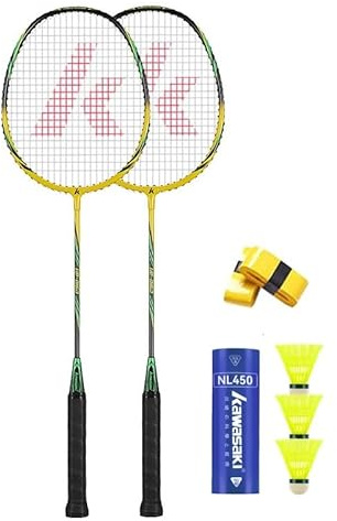 Badminton Rackets, Lightweight Badminton Racket Set of 2 for Training, Sports and Entertainment, Graphite Shaft Alloy Frame, with 3 Badminton Balls, 2 Overgrips and 1 Bag (Yellow/Green)