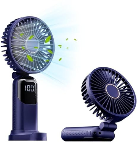 WUBAYI Handheld Fan with LED Display, USB Rechargeable 5-Speed Portable Fan, 180° Foldable Mini Desk Fan, 12H Quiet Cooling for Travel, Office, Home & Bedroom