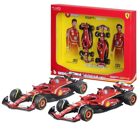 Bburago - Ferrari SF-24 F1 Imola Livery 2024 Leclerc #16 und Sainz #55, Set mit 2 Diecast-Autos Maßstab 1:43, Display-Verpackung, Ferrari-Lizenz, Alter 14+