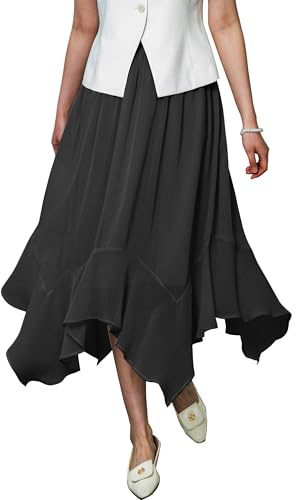 JECHOOSE Women's Lightweight Chiffon Midi Skirt with Handkerchief Hem - Elastic Waist Flowy A-Line Skirt (US, Alpha, X-Large, Regular, Regular, Black)