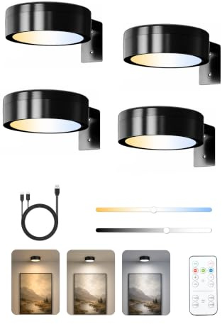 Bilderleuchte Kabellos, Hochwertige CCT-Steuerung, 4er Set, Schwarzes | Bilderlampe mit Dimmbar, Mit Fernbedienung Wohnaccessoires für Galeriewand, Vitrinen