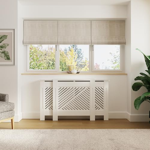 GFW Kobe Adjustable Radiator Cover, White Extendable Radiator Cabinet with Diagonal Slatted Design