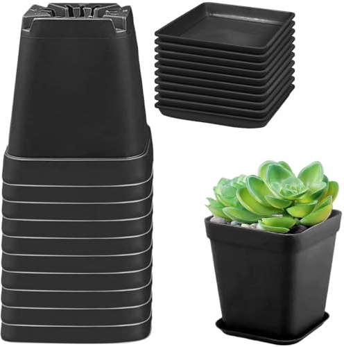 KIRZAX 10 Macetas de Plástico Pequeñas con Bandejas, 7cm Macetas Cuadradas con Agujeros de Drenaje, Set de Macetas para Interior, Balcón, Plantas Suculentas, Decoración de Jardín