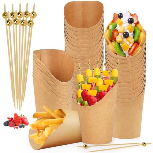 LANSKYLAN 50 Pezzi Tazze per Patatine Fritte in Carta Kraft 12 oz con 100 Spiedini Stuzzicadenti Coppette di Carta per Salumi Bicchieri Di Carta Kraft per Patatine Popcorn Gelato Waffle Snack