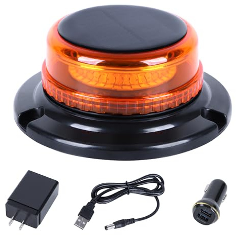 ROUTEKING Gyrophare LED Sans Fil solaire - Rechargeable Gyrophare Magnetique Orange LED, 12V/24V lampe d'avertissement avec chargeur de voiture et câble USB pour voiture, camion, tracteur (Ambre)