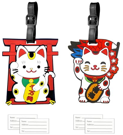 2PCS Etiquetas para Equipaje Gato de la Suerte, Etiquetas Maletas Viaje con Nombre Dirección, Animal Identificador Maletas Viaje,Bolso ID Tag Mochilas Etiquetas, PVC Etiqueta de Maleta para Facturado