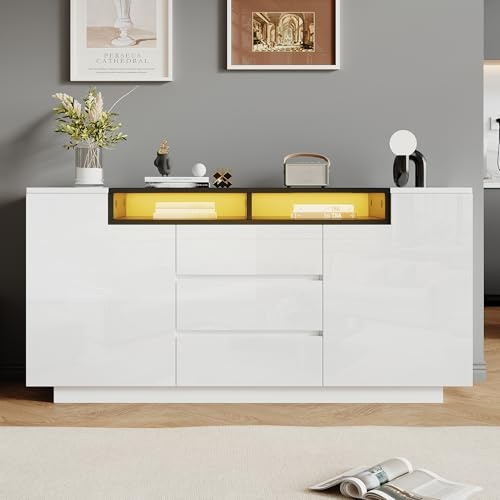 ModernLuxe LED Sideboard Hochglanz Kommode 140x40x68cm,3 Schubladen und 2 L-Türen, Wohnzimmer Sideboard Weiß Schwarz mit Verstellbaren Regalen
