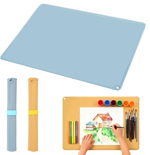 2 Stück Malunterlage für Kinder 60x40cm Bastelunterlage Silikonmatte Groß Bastelunterlage Kinder Antihaft, Knetunterlage Kinder Tischset Silikon für Malerei, Handarbeit, Harz, Sandkunst (Blau, Gelb)